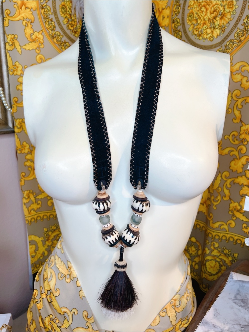 Twine & Twig horn bone wood suede 30” necklace black brown natural